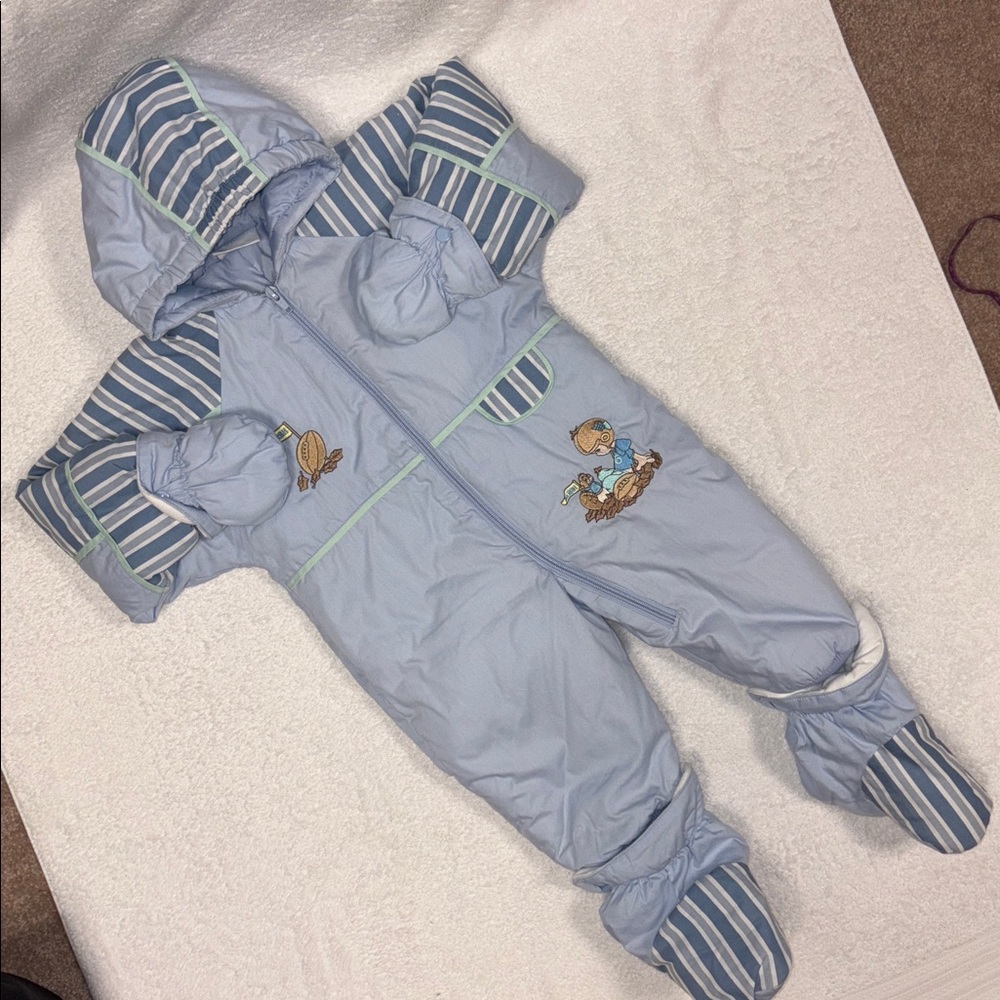 Vintage Quiltex precious moments football Light Blue Baby Snowsuit bunting 18m